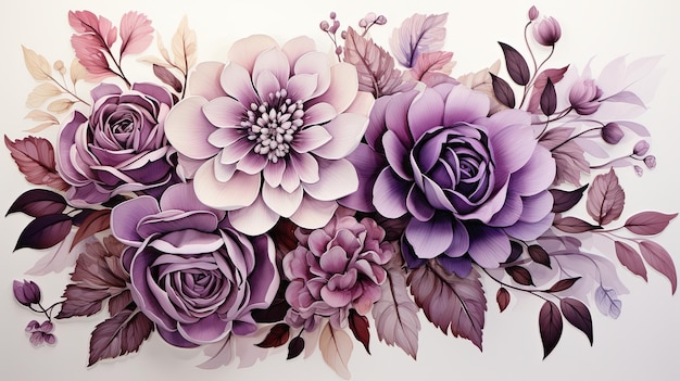 Ilustración de clipart de flor de rosa púrpura en acuarela hojas de oro para tarjeta de invitación de boda en fondo blanco renderizado en 3D