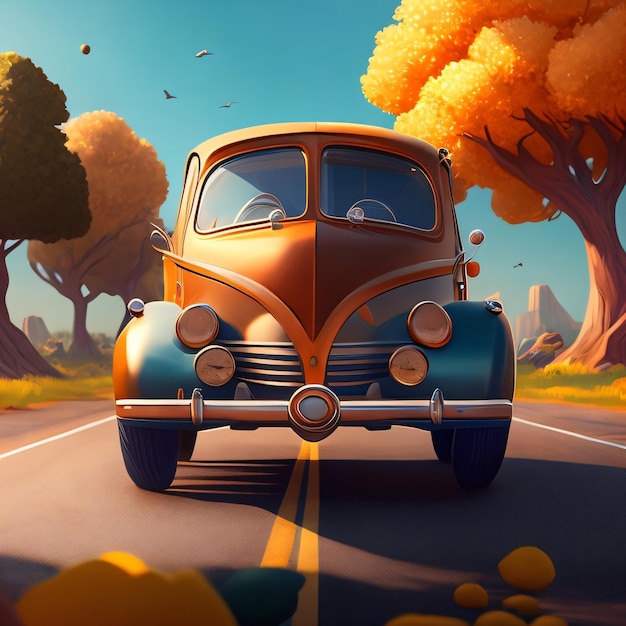 Foto una ilustración de un coche en la carretera con hojas de otoño en el suelo.