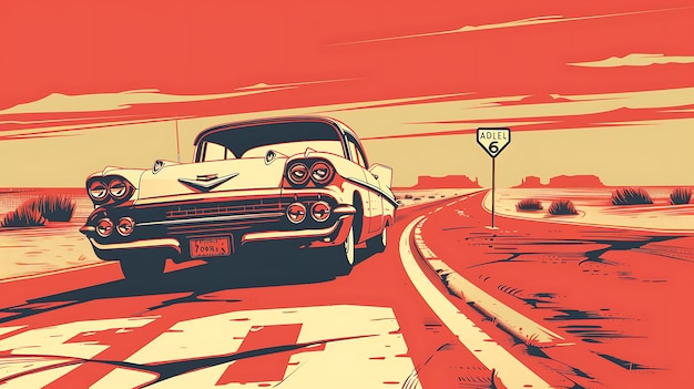 Una ilustración de un coche clásico de los años cincuenta conduciendo en una autopista del desierto El coche es blanco y el fondo es de color naranja