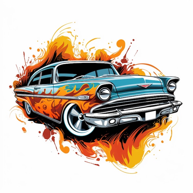 Ilustración de un coche clásico con llamas y salpicaduras de pintura