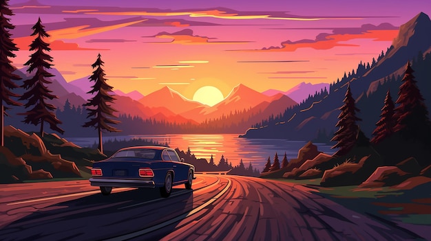 Foto ilustración de un coche conduciendo un viaje de verano