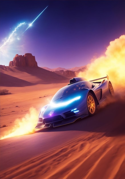 Ilustración de un coche corriendo por el desierto en un paisaje de ciencia ficción
