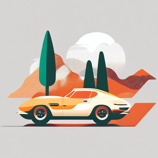 Ilustración de un coche deportivo minimalista sobre un fondo paisajístico Creado con tecnología de IA generativa