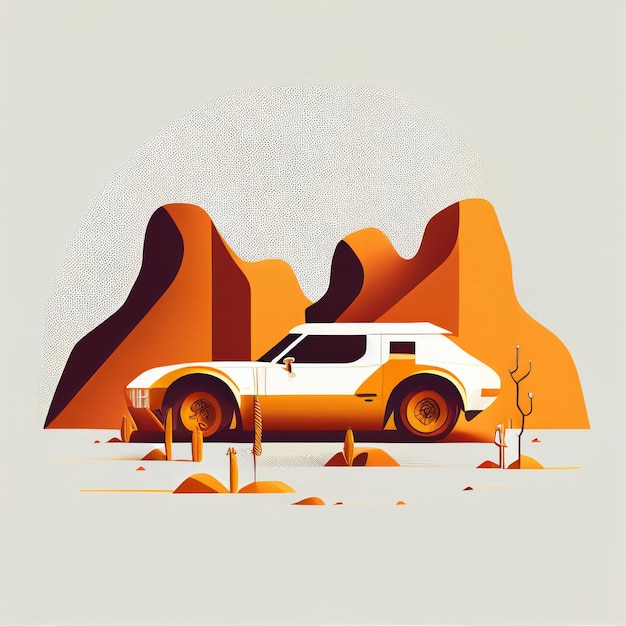 Foto ilustración de un coche deportivo minimalista sobre un fondo paisajístico creado con tecnología de ia generativa