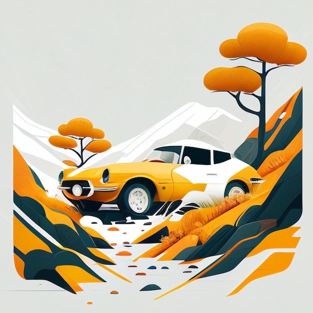 Ilustración de un coche deportivo minimalista sobre un fondo paisajístico Creado con tecnología de IA generativa