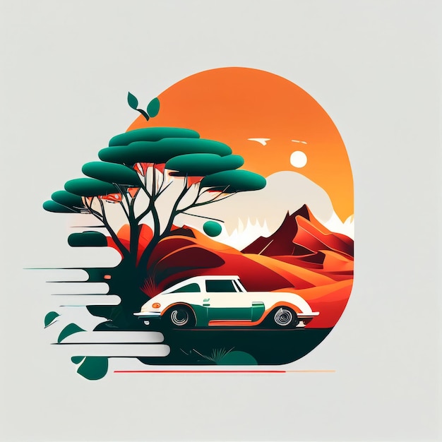 Ilustración de un coche deportivo minimalista sobre un fondo paisajístico Creado con tecnología de IA generativa