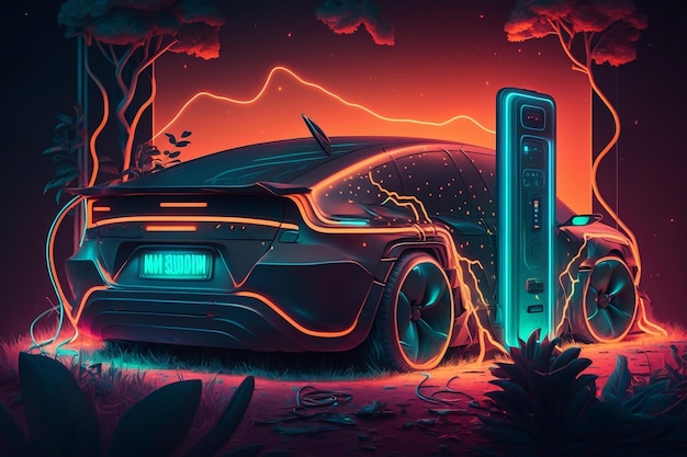 Ilustración de un coche eléctrico futurista con luces de neón IA generativa