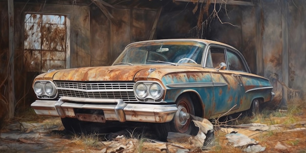 Foto ilustración de un coche escarpado un hallazgo misterioso de un granero lleva capas de polvo de óxido y pintura que se desvanece ia generativa
