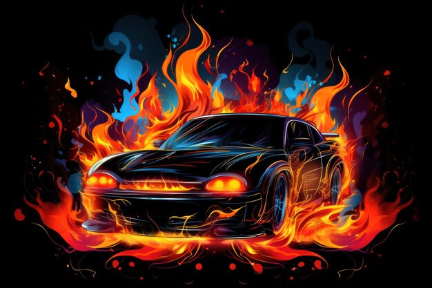 Foto ilustración de un coche en llamas y fuego