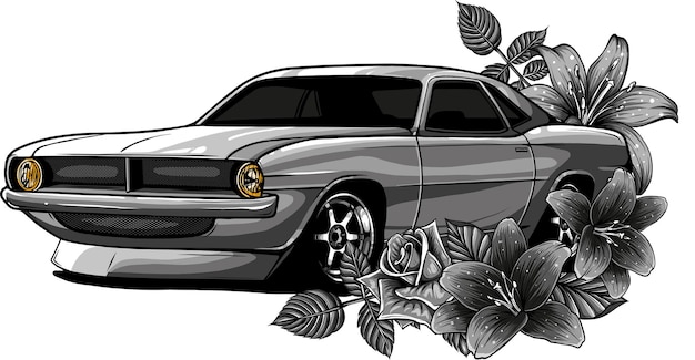 Foto ilustración de un coche muscular con decoración de flores