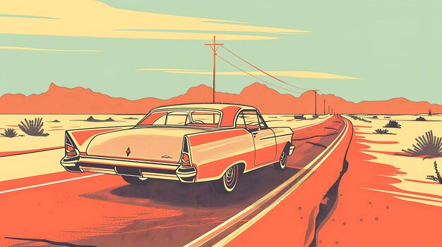 Una ilustración de un coche retro conduciendo a través de un paisaje desértico El coche es rosa y el fondo es de color arena