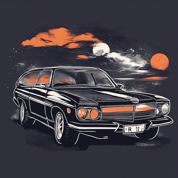 ilustración de coche retro vintagecoche clásico vintage en la calle con la luna