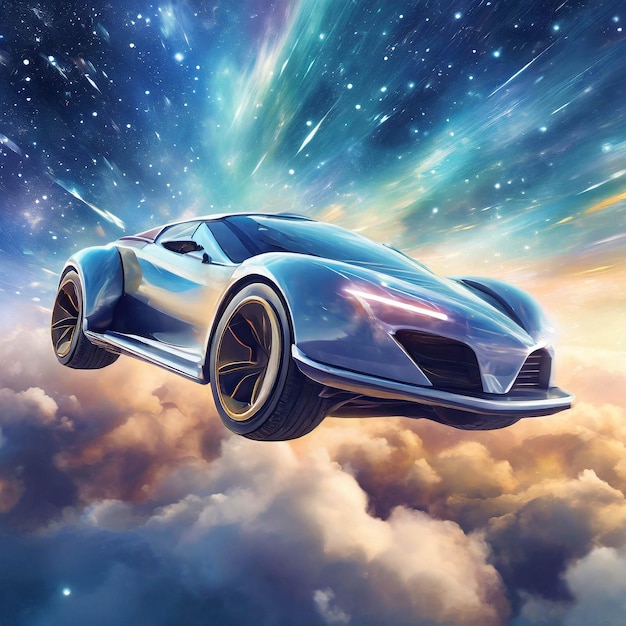 Ilustración de un coche volando en un cielo estrellado