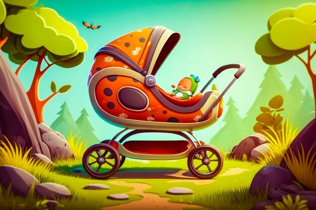 Foto una ilustración de un cochecito para bebés en el bosque ia generativa