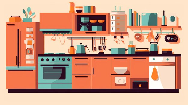 Ilustración de una cocina con armarios naranja y una estufa generativa ai