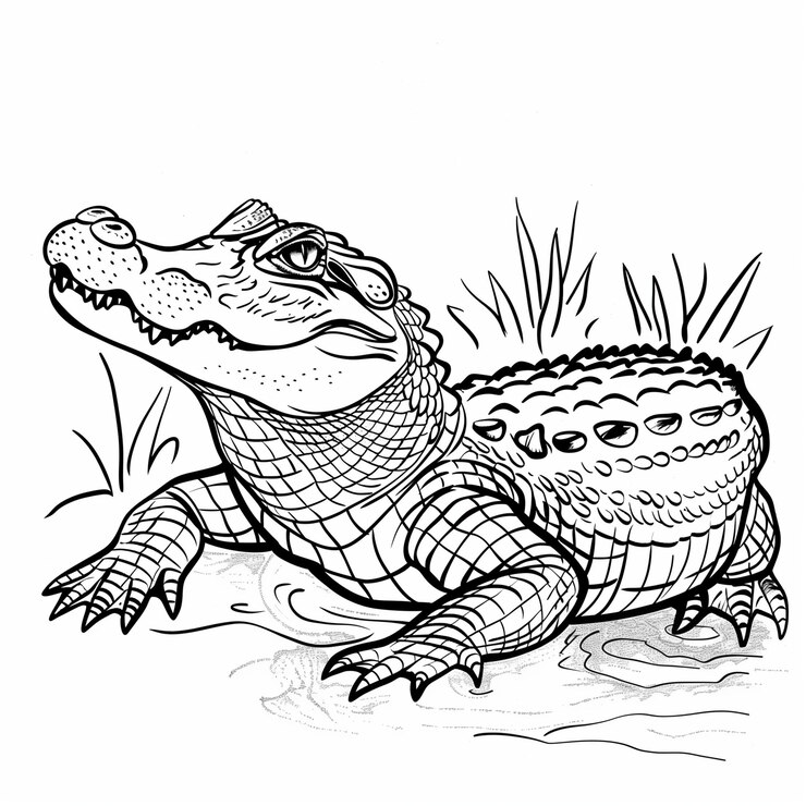 Foto ilustración de cocodrilo blanco y negro en un entorno pantanoso reptilio estilizado en hábitat natural