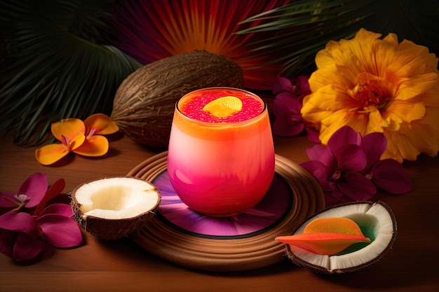 Ilustración de un cóctel con piña, mango, fruta de la pasión, cáscara de coco, flor de hibisco rosa.