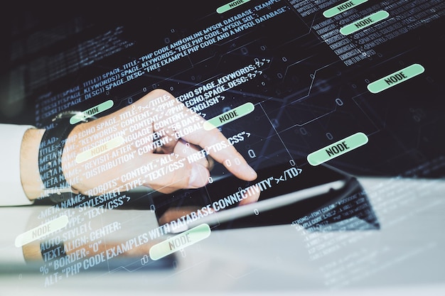 Ilustración de codificación creativa abstracta con clics de dedos en una tableta digital en el concepto de desarrollo de software de fondo Multiexposición