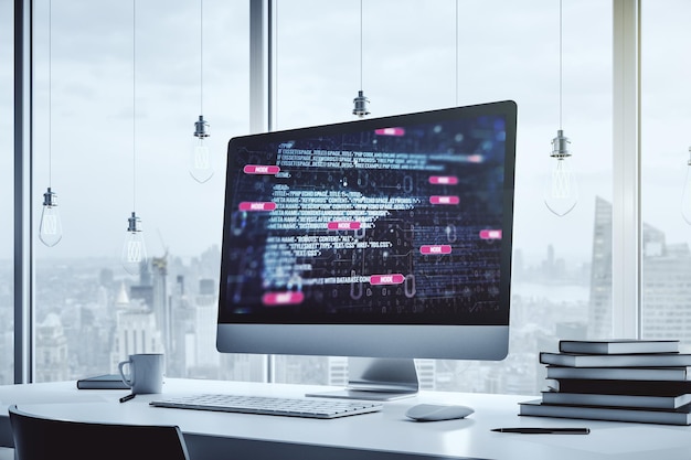 Ilustración de codificación creativa abstracta en el concepto de desarrollo de software de monitor de computadora moderno Rendering 3D