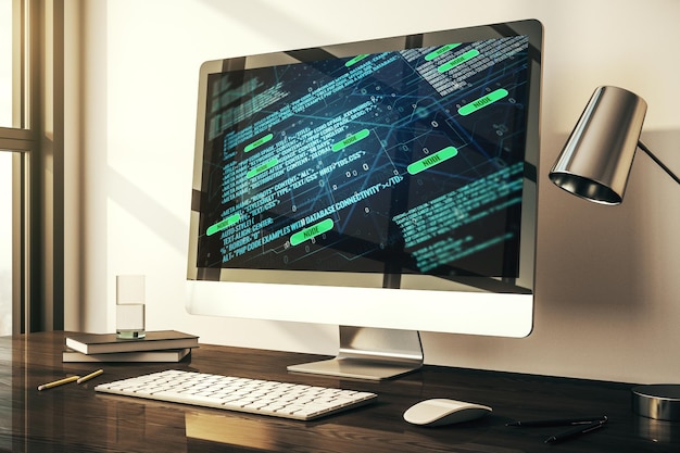 Ilustración de codificación creativa abstracta en el concepto de desarrollo de software de monitor de computadora moderno Rendering 3D