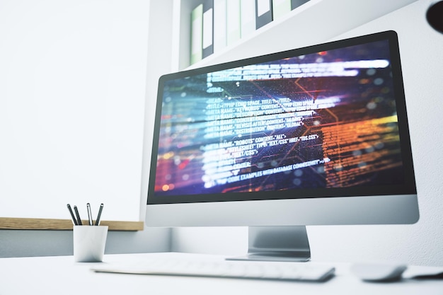 Ilustración de codificación creativa abstracta en el concepto de desarrollo de software de monitor de computadora moderno Representación 3D
