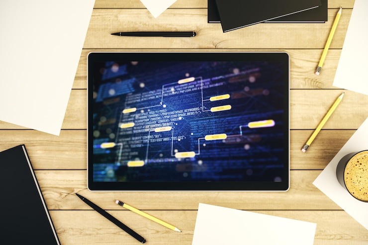 Foto ilustración de codificación creativa abstracta en el concepto de desarrollo de software de pantalla de tableta digital moderna vista superior representación 3d