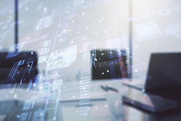 Ilustración de codificación creativa abstracta y escritorio moderno con PC en el concepto de desarrollo de software de fondo Multiexposure