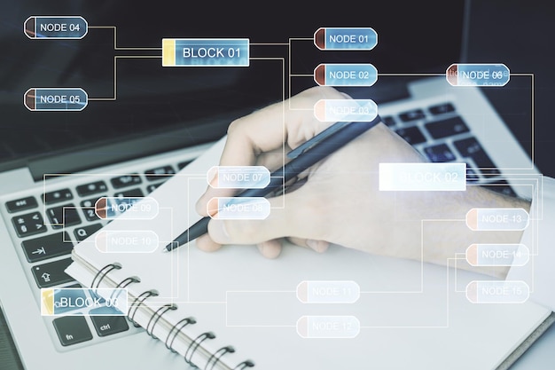 Ilustración de codificación creativa abstracta con escritura a mano en el diario en el fondo con el concepto de desarrollo de software portátil Multiexposición