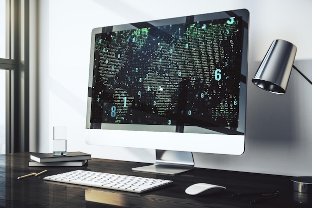 Foto ilustración de codificación creativa abstracta con mapa mundial en monitor de computadora moderno concepto de desarrollo de software internacional representación 3d
