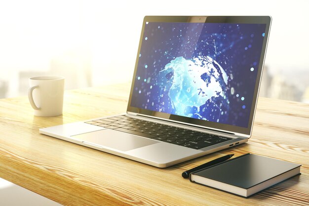 Ilustración de codificación creativa abstracta con mapa mundial en monitor de computadora moderno concepto de desarrollo de software internacional Representación 3D