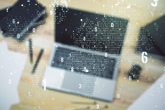 Ilustración de codificación creativa abstracta con mapa mundial sobre fondo de computadora moderna concepto de desarrollo de software internacional Multiexposición