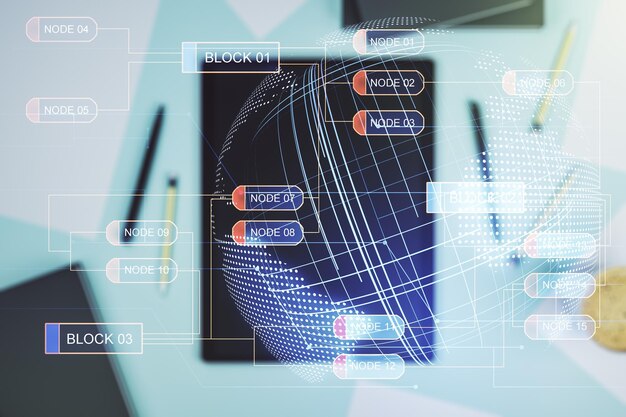 Ilustración de codificación creativa abstracta con mapa mundial y tableta digital moderna en el escritorio en la vista superior de fondo concepto de desarrollo de software internacional Multiexposición