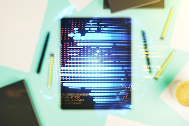 Ilustración de codificación creativa abstracta con mapa mundial y tableta digital moderna en el escritorio en la vista superior de fondo concepto de desarrollo de software internacional Multiexposición