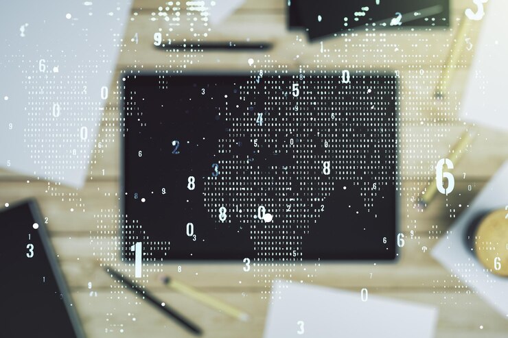 Foto ilustración de codificación creativa abstracta con mapa mundial y tableta digital moderna en el escritorio en la vista superior de fondo concepto de desarrollo de software internacional multiexposición