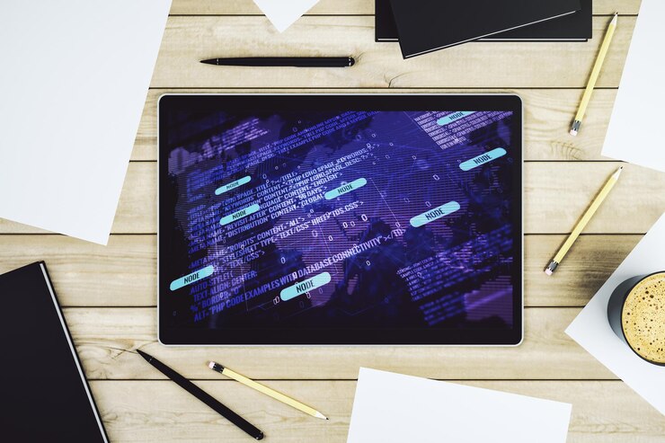 Foto ilustración de codificación creativa abstracta con mapa del mundo en una pantalla de tableta digital moderna concepto internacional de desarrollo de software vista superior renderización 3d