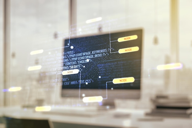 Ilustración de codificación creativa abstracta sobre el concepto de desarrollo de software de fondo de computadora moderna