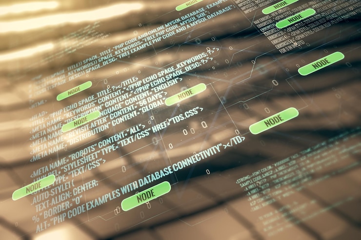 Foto ilustración de codificación virtual abstracta sobre el concepto de desarrollo de software de fondo de metal abstracto multiexposición