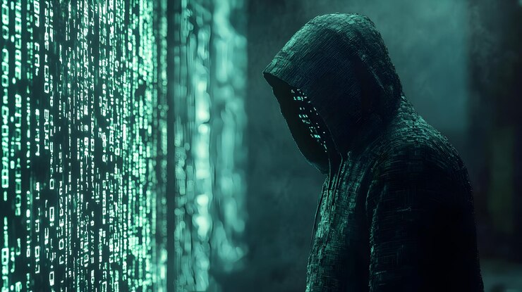 Foto ilustración de código digital figura encapuchada en luz verde