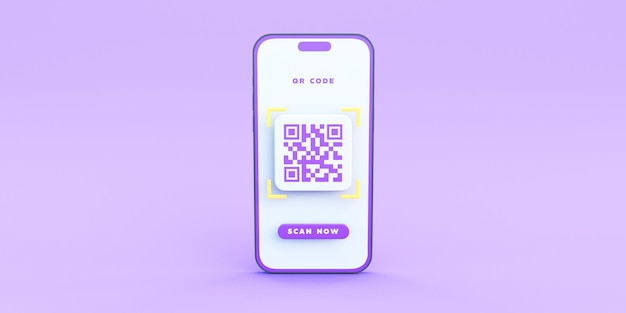 Ilustración de código QR escaneado en fondo púrpura renderizado en 3D