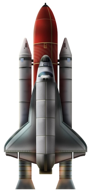 Ilustración de cohete con lanzadera sobre fondo blanco.