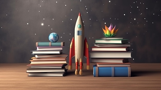 Ilustración de un cohete sobre una pila de libros que simboliza el poder del conocimiento