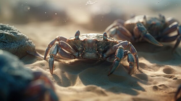 Ilustración de una colección de cangrejos al borde de una playa de arena blanca.