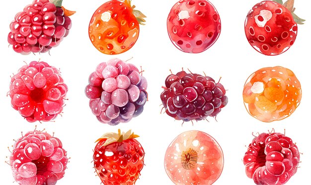 Ilustración de la colección de frambuesas y fresas sobre un fondo blanco