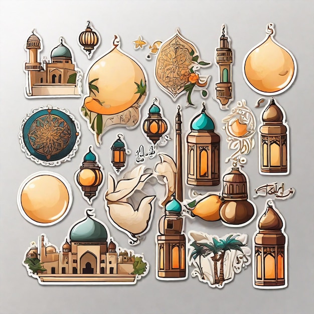 Foto ilustración de una colección de pegatinas sobre el ramadán y el tema islámico