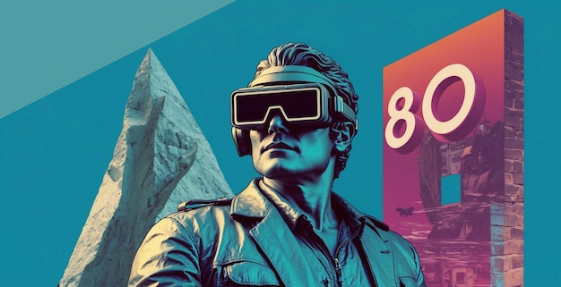 Ilustración de collage de estilo retro de los años 80 de una estatua de hombre con gafas VR en fondo azul