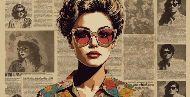 Foto ilustración de collage de estilo retro de los años 80 de una mujer con gafas en el fondo de un periódico de moda