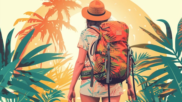 Ilustración de collage de una joven caminando con una mochila de equipo de trekking