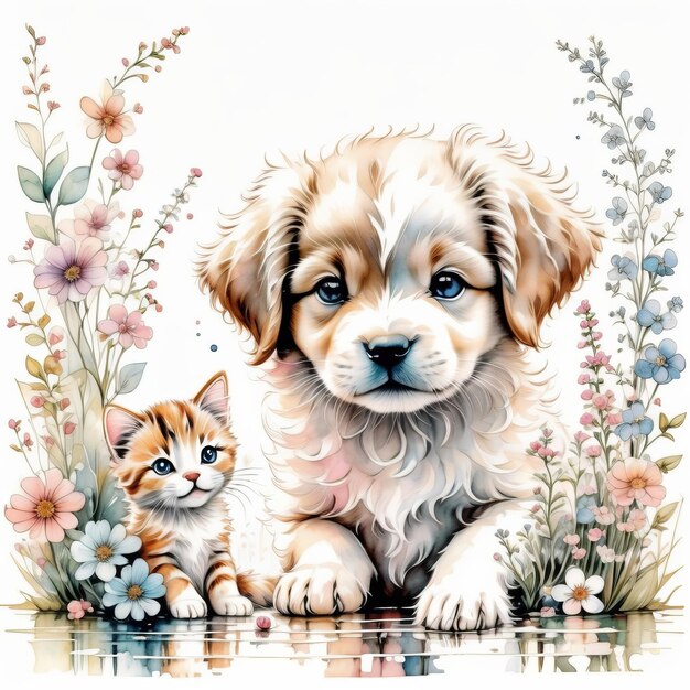 Ilustración en color de un cachorro y un gato creada con software de IA generativo