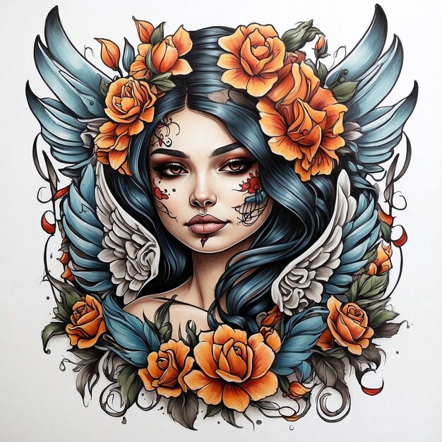 Ilustración en color del estilo de tatuaje de una chica chicana