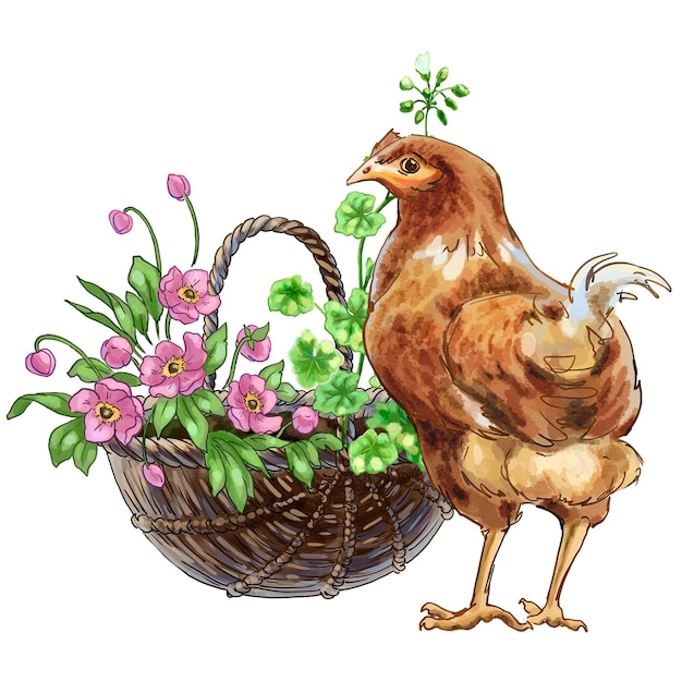 Ilustración de color Granja con pollos